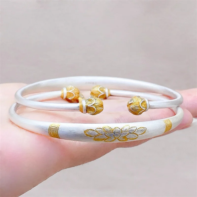 999 sterling silver,gold lotus flower bracelet,ladies' temperament,ancient French ethnic style, open mouth bracelet jewelry gift