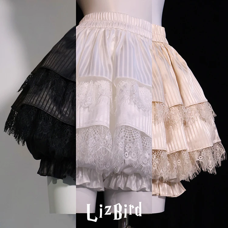 MAGOGO Three Colour Puffy Cake Skirt Women Sweet Lolita Style Stripes Satin Lace Petticoat Outerwear Underskirt with Pumkin Pant