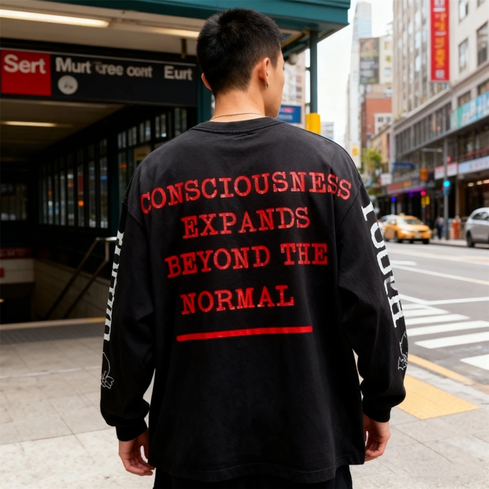 KUCLUT 1:1 أزياء أفضل جودة العلامة التجارية الفاخرة المطبوعة طويلة الأكمام بلايز المتضخم خمر المحملة فضفاضة 100% القطن تي شيرت للرجال