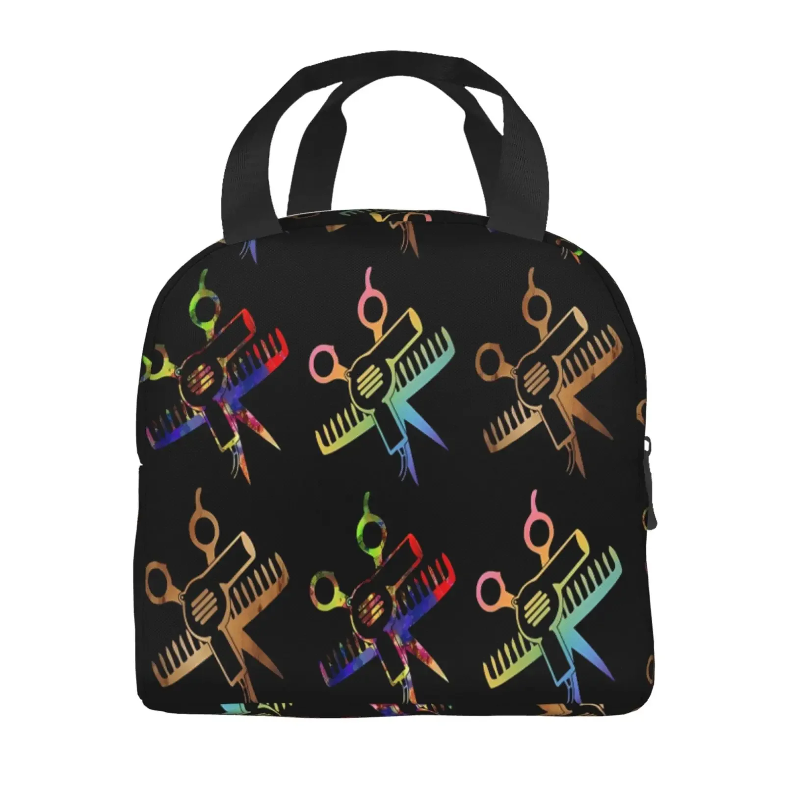 Scissors and Comb Hair Stylist Pattern Lunch Tote Bag Insulated Leakproof Lunch Box Container with Front Pocket for Girls Boys