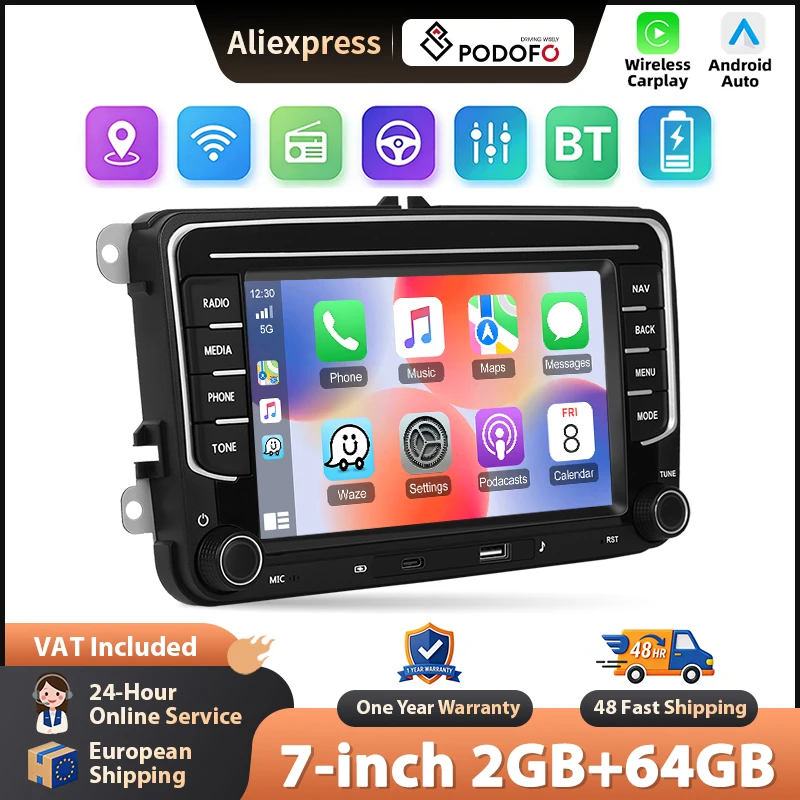 Podofo 2+64G Radio Kabelloses CarPlay für Apple für VW Android Auto Autoradio GPS FM/RDS Stereo WLAN BT Multimedia-Stereoanlage
