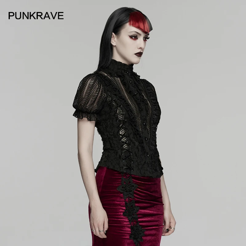 PUNK RAVE Women's Gothic Tattered Decadent Bubble Sleeve Sexy Shirt Drawstrings Eyelets Pleated Lace Club Casual Dark Aura Tops