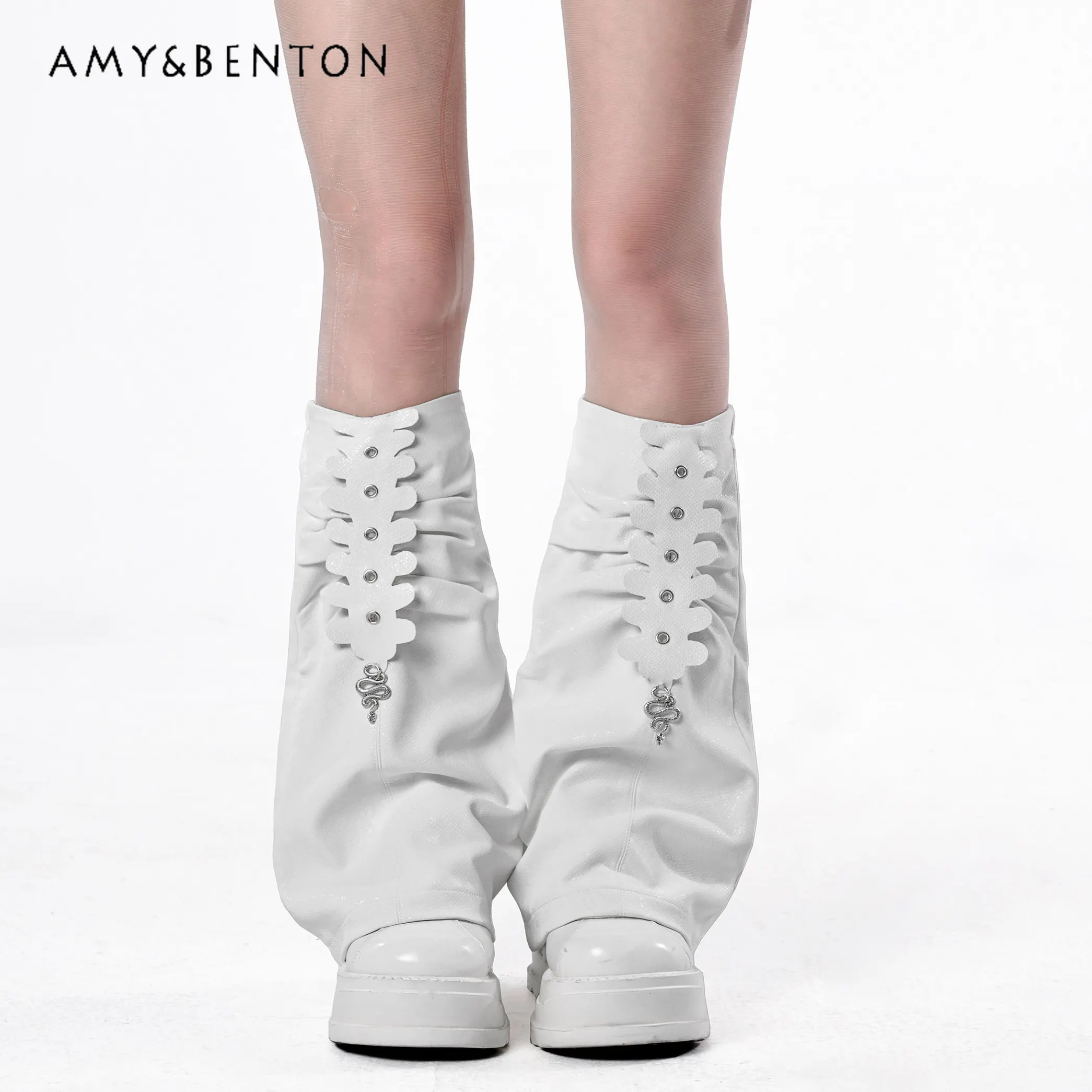original-subculture-y2k-versatile-pu-shiny-leather-printed-ruched-white-patchwork-leg-warmers-goth-street-punk-style-legwarmers