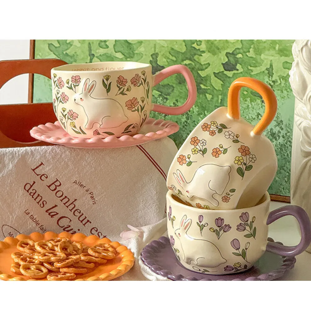 Flower Field Rabbit Coffee And Saucer Set Ceramic Mug Household Water Women New High Value Gift For Girls Cup