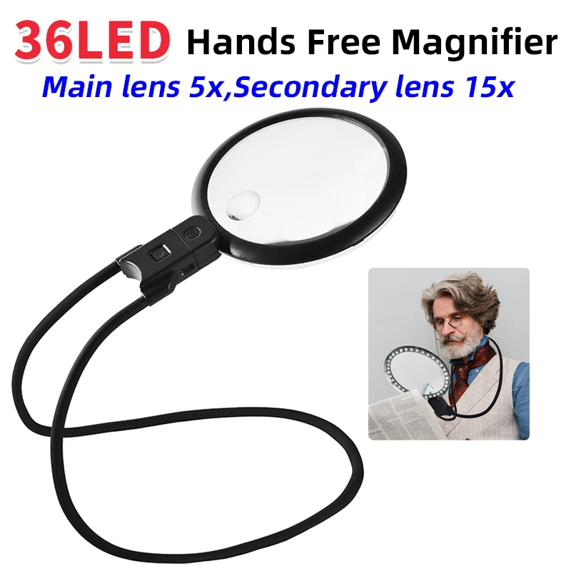 Hands Free Magnifying Glass with 36 LED Lights,5X 15X Rechargeable Neck Wear Magnifier for Seniors Reading Sewing Jewelry