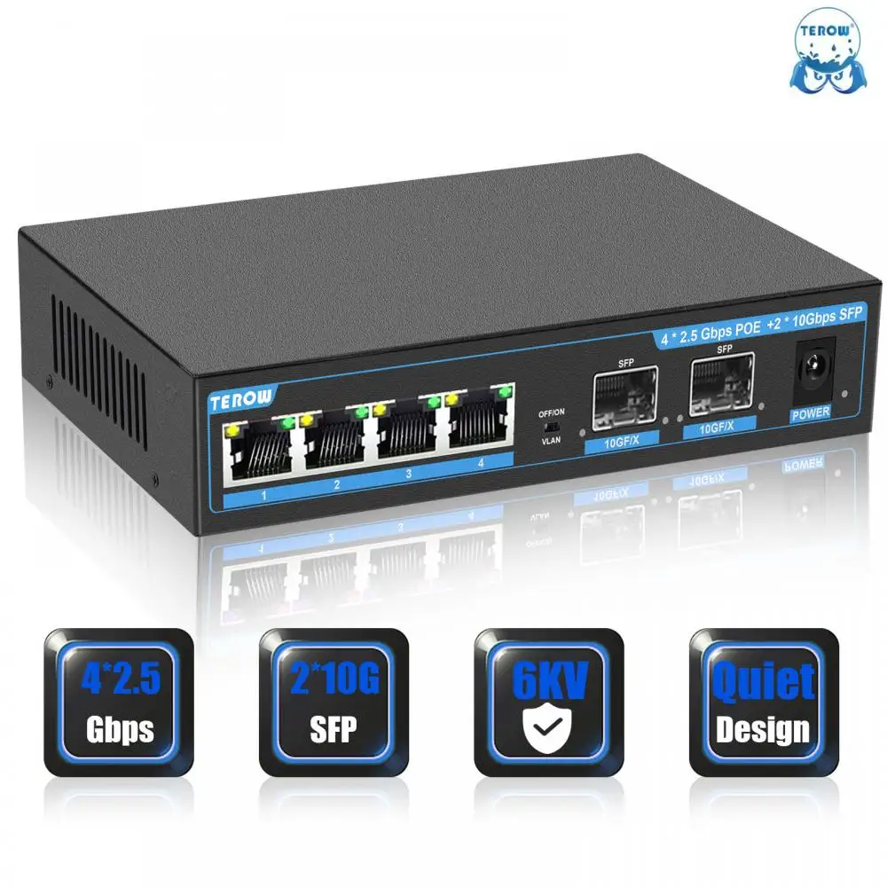 

TEROW 2.5 Gigabit Switch 4 Port 2.5G POE Switch +2 Port 10G SFP Ethernet Network Switch Unmanaged LAN Hub for Wireless AP VDI