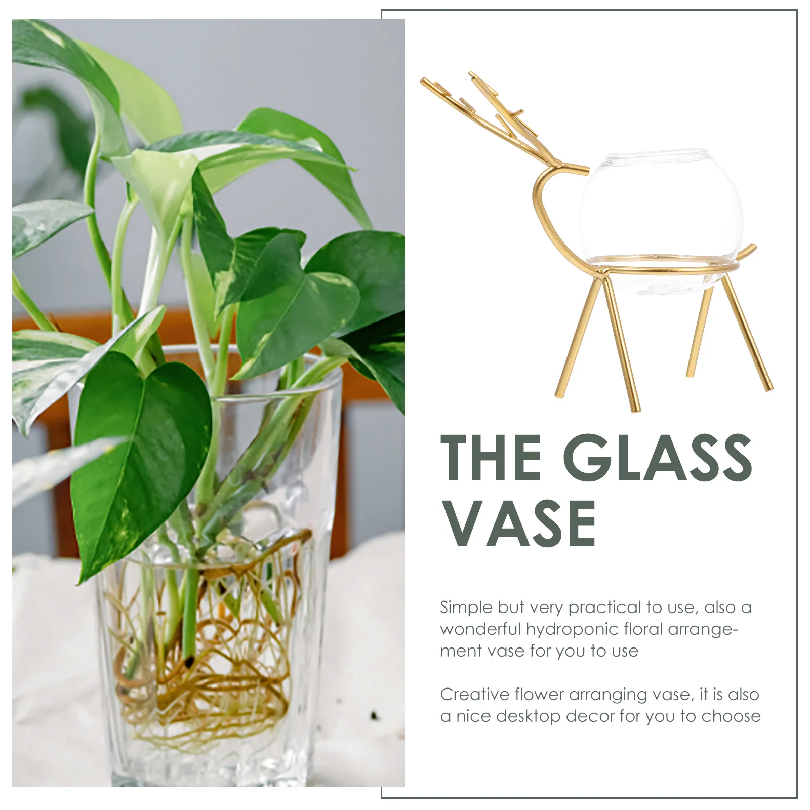 

Nordic Style Hydroponic Vase Deer Design Glass Iron Rack Office Desktop Vase Hydroponic Flower Arrangement Home Desk Decoration