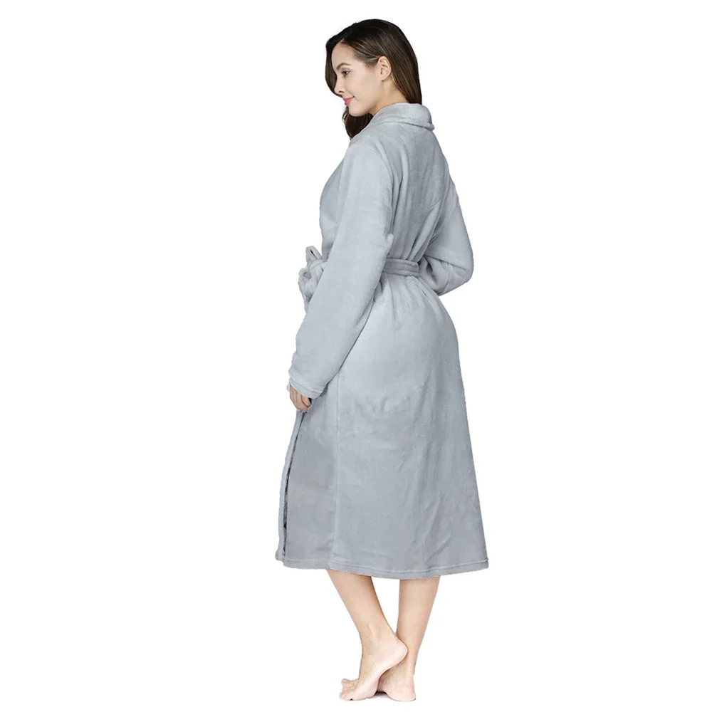Women's Flannel Solid Color Lapel Bathrobe Autumn and Winter Models Warm and Comfortable Long-sleeved Robe Couple Homewear image 4