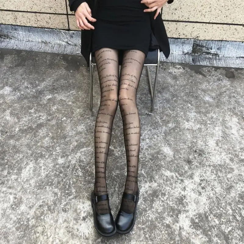 40GC Womens Letter Printed Sexy Open Crotch Sheer Tights Stockings See-Through Mesh Pantyhose Leggings Hosiery Clubwear