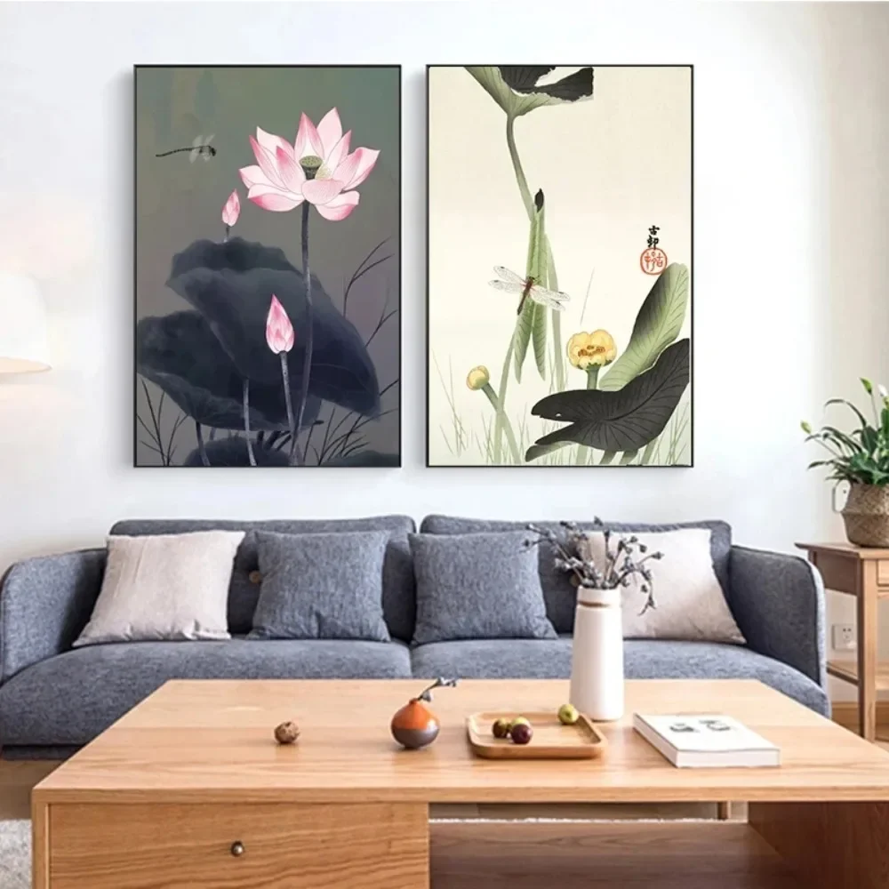 Affiche artistique traditionnelle Vintage rétro avec paysage de feuilles de fleurs de Lotus, peinture diamant, impression murale, image pour salon, décoration de la maison