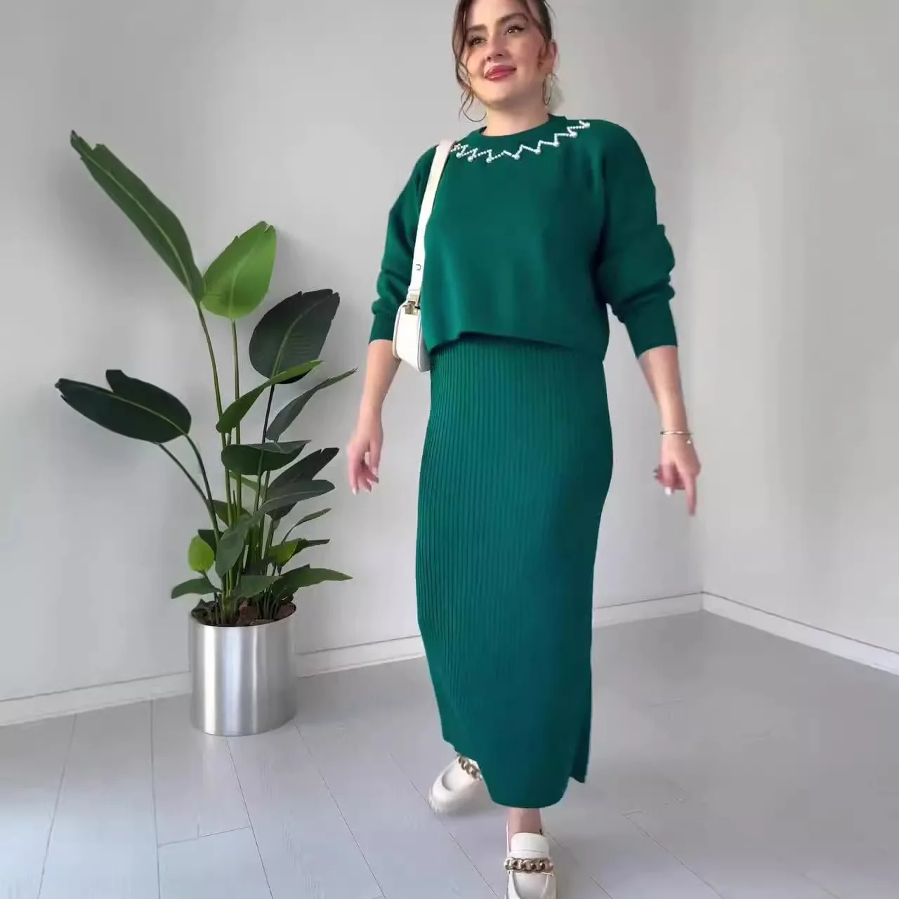 

Женский толстый свитер, комплекты платьев из двух предметов, вязаный пуловер с длинными рукавами и круглым вырезом, повседневные прямые платья, свитер, Vestids