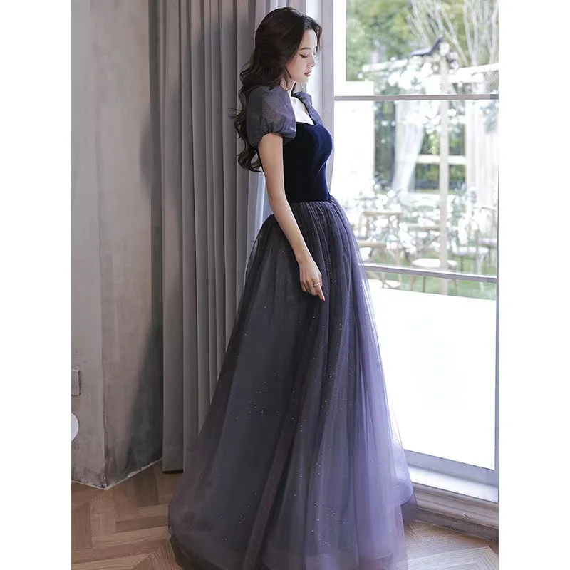 

Gradient Purple Women Prom Dress A-line Tulle Princess Elegant Square Collar Banquet Puff Sleeve Floor-Length Formal Party Gowns
