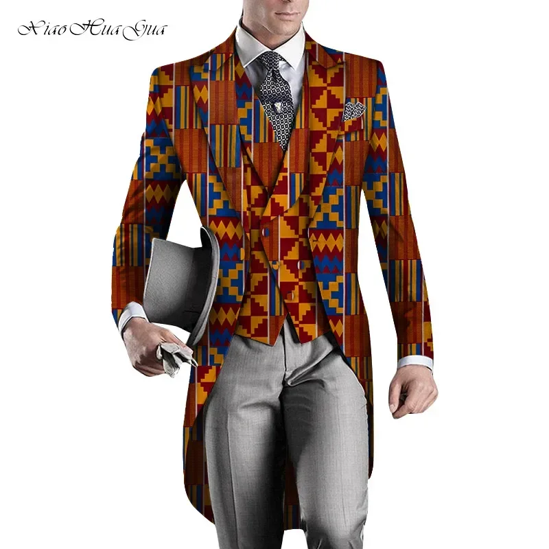 2 Pieces African Clothes for Mens African Printed Long Blazer Jacket and Vest Men Slim Suits Tailcoat Swallowtail Party WYN960