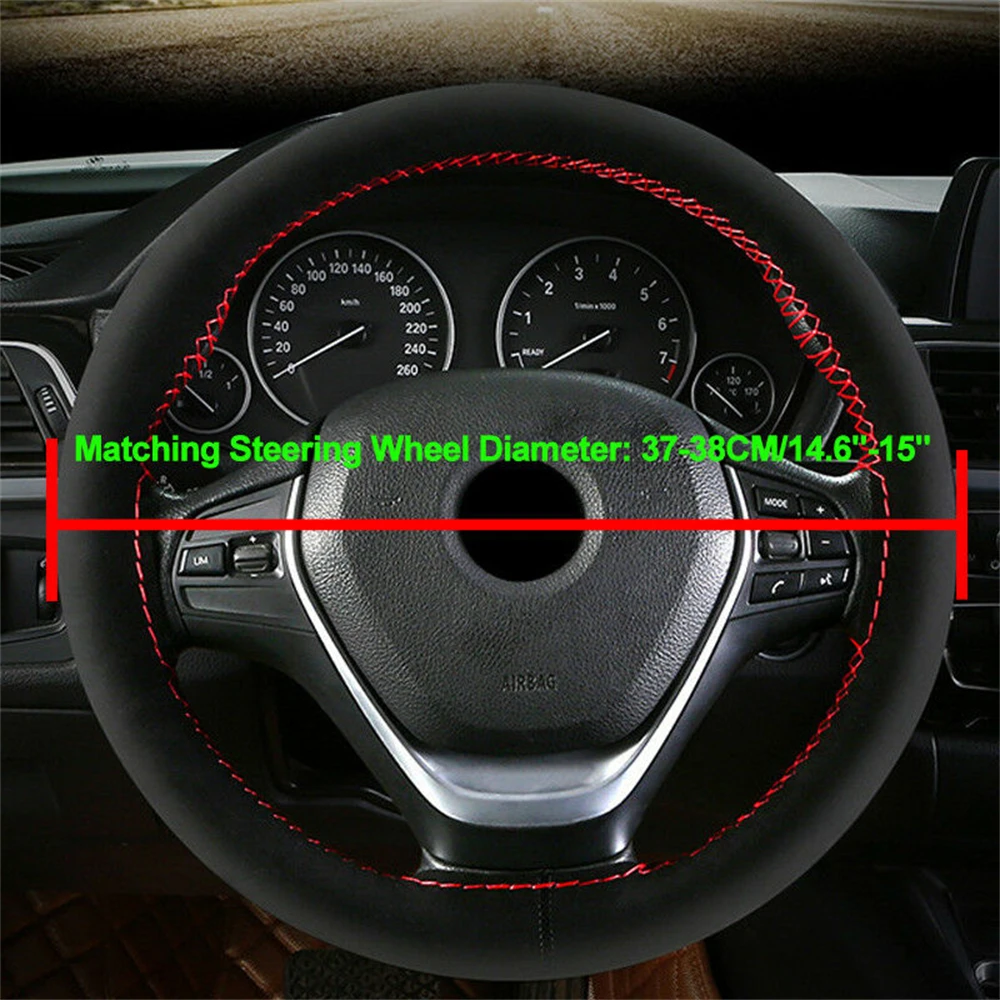 Flocking Leather Car Steering Wheel Cover Stitch Universal 38cm Car Wheel Protector Suede Anti Slip DIY Decor Auto Accessories