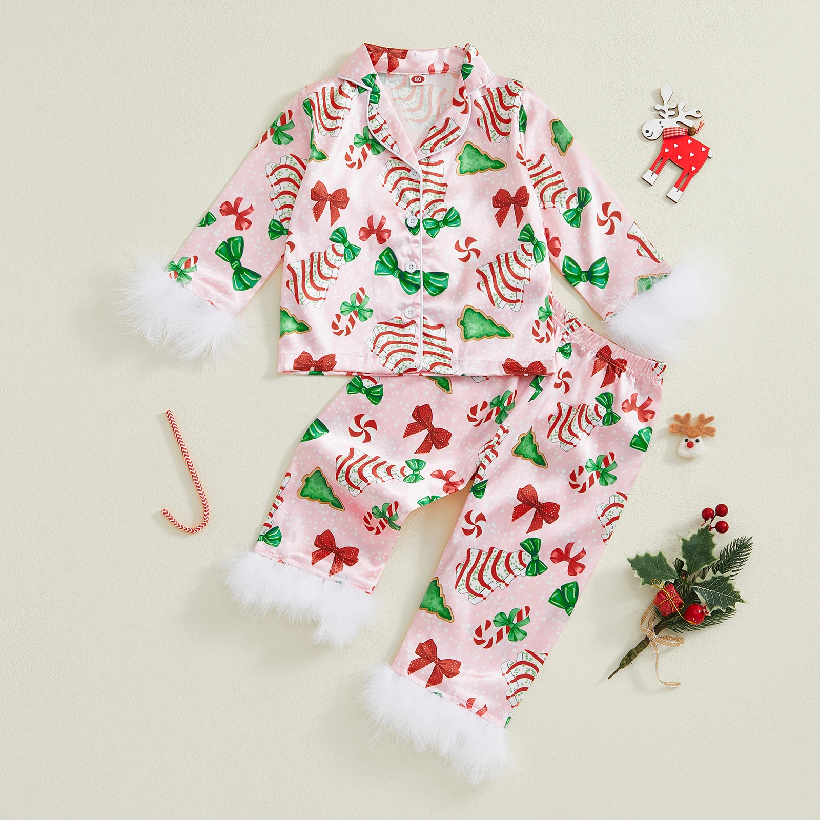 

Toddler Girl Christmas Satin Pajamas Set Tree Bow Print Lapel Long Sleeve Button Down Tops with Pants Two Pieces Sleepwear