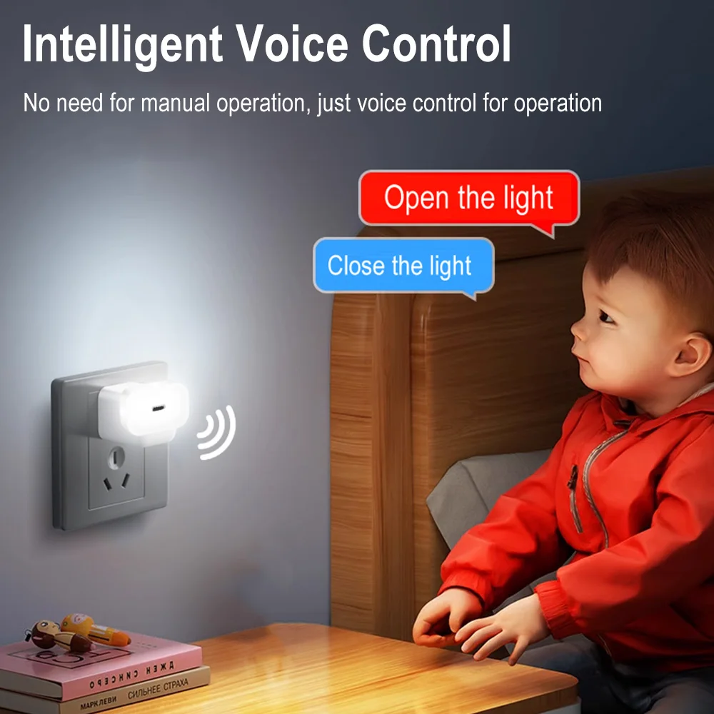 BORUIT Luz nocturna inteligente USB-C Plug in Luz nocturna Control de voz Selección de brillo Mesita de noche Dormitorio