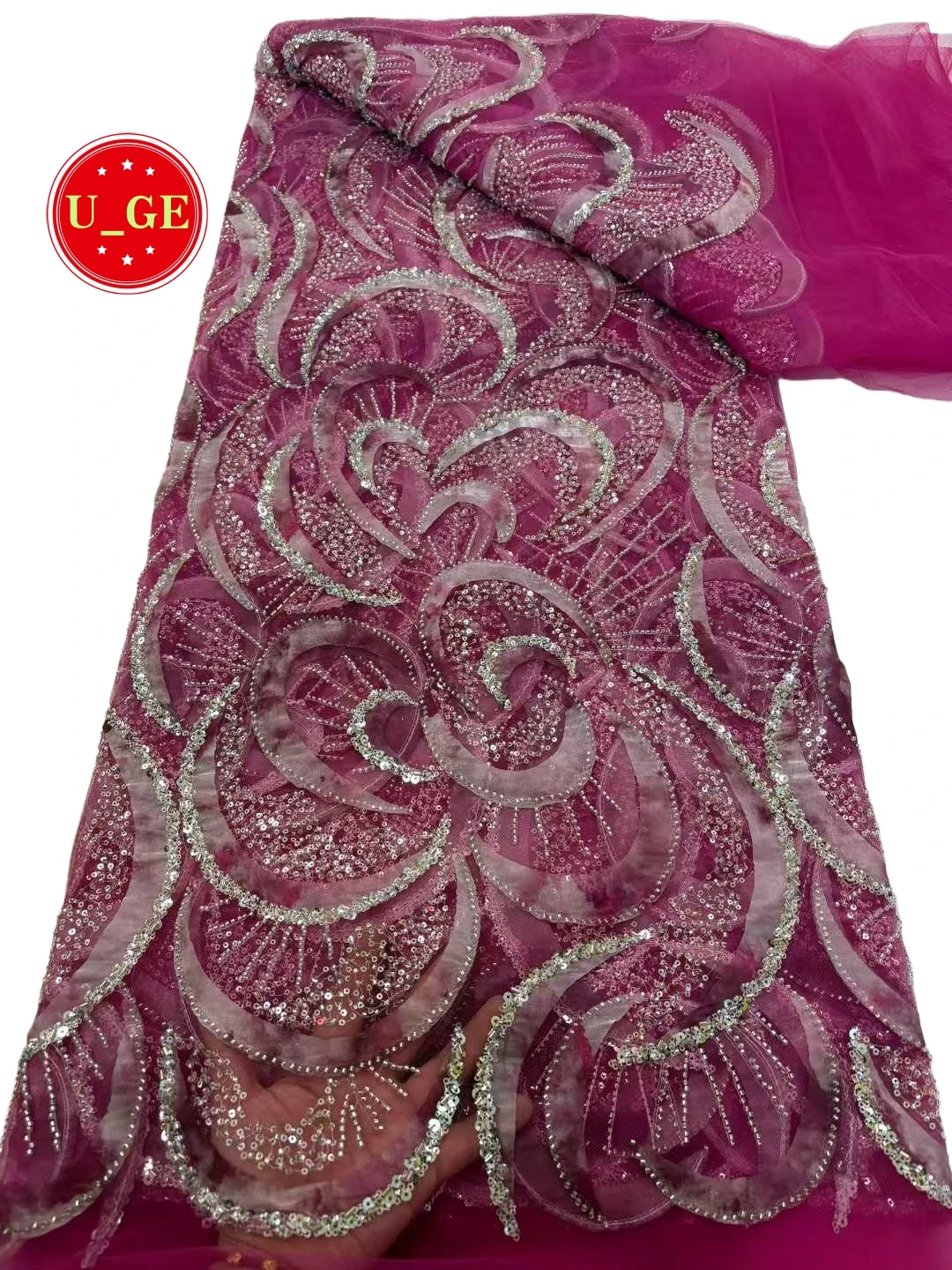 

2026Latest High Quality Delicate Eligant Soft Mesh Sequins Lace With Stones Fabric For Wedding Evening Dress U_Ge1578