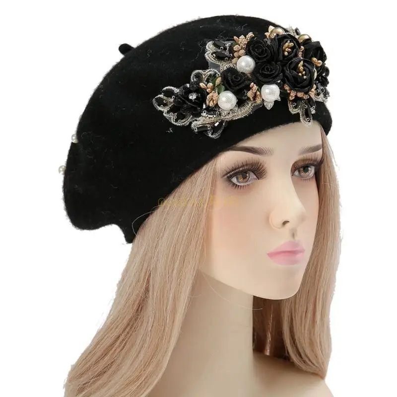 

31BF Girls Painter Hat French Hat Jeweled Flower for Holiday Photography Handmade Casual Flower
