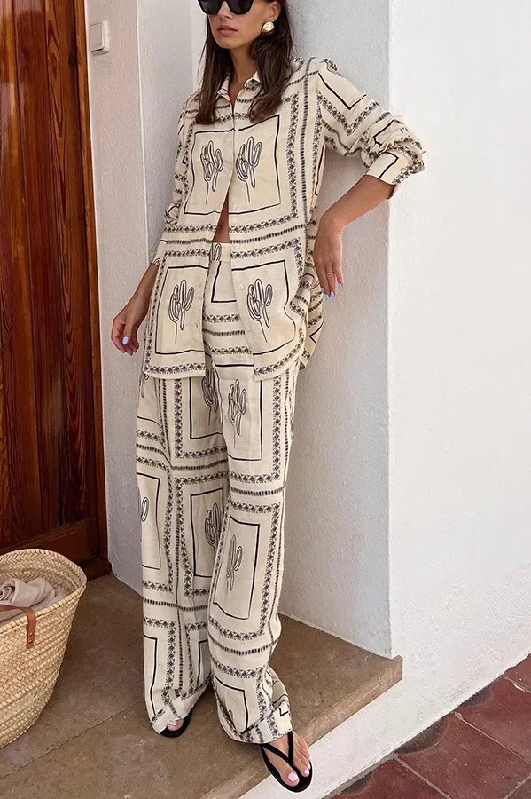 Women's Printed Shirt & Wide-Leg Pants Set - alternate angle