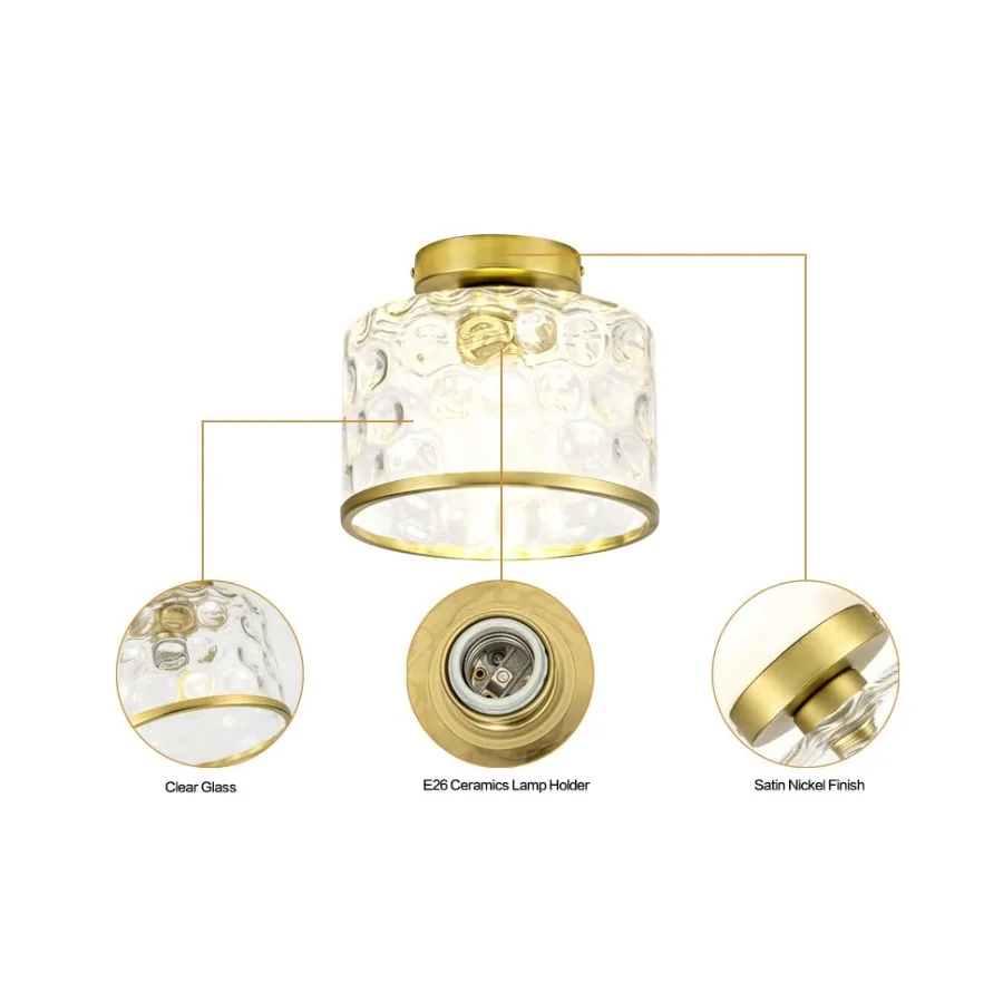 Flush Mount Ceiling Light with Clear Hammered Glass lampshade, Farmhouse Ceiling Lights Fixture in Satin Brass for Kitchen Bath view 3