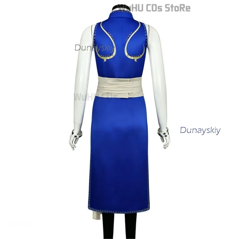 Adult Sexy Street Chun Li Cosplay Costume Set – Blue Qipao + Wig FighterMovie Live Action Uniform Halloween Kung Fu Women's Suit view 4
