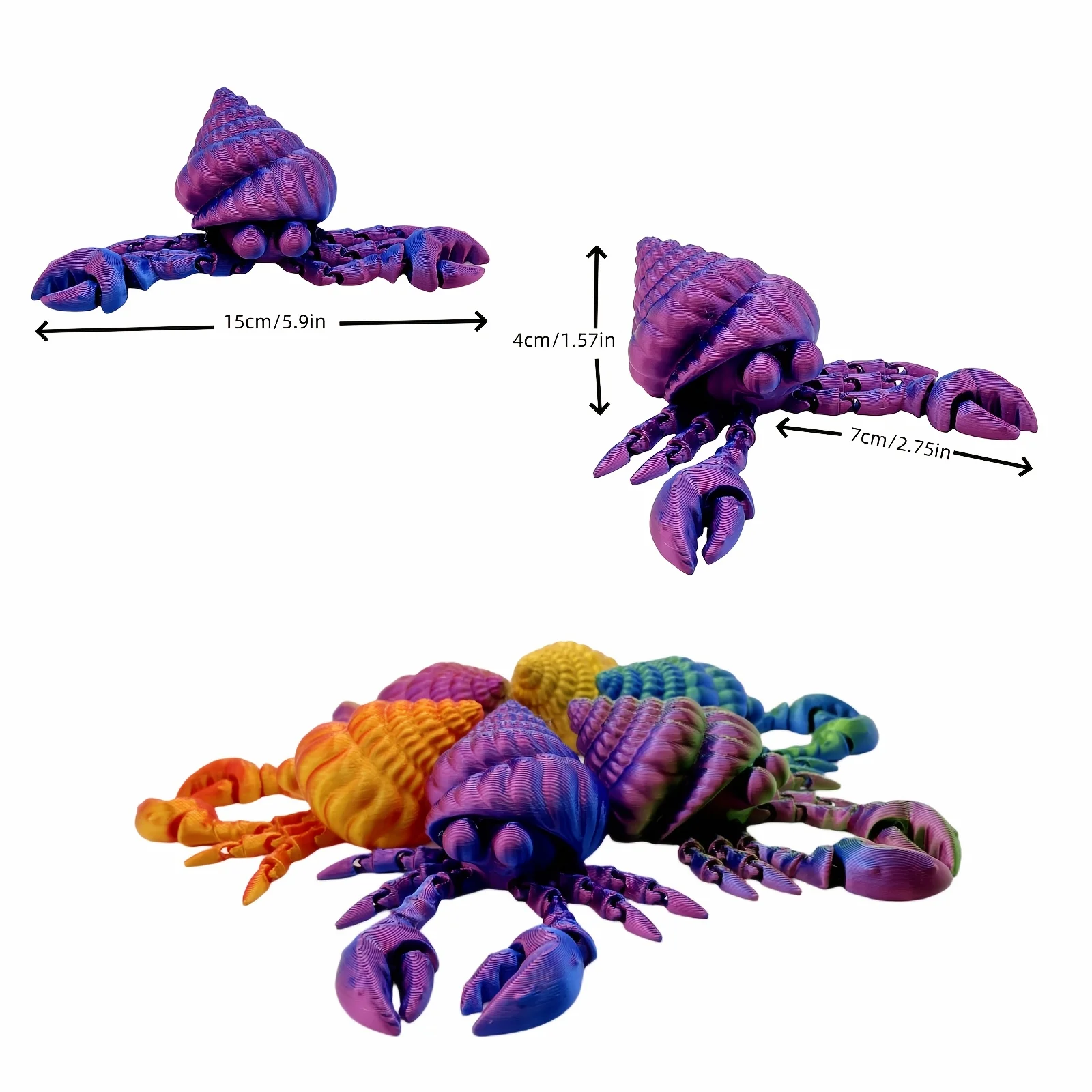 3D printed hermit crab set of 3, joints movable, claws can swing, suitable for indoor/outdoor decoration, party birthday