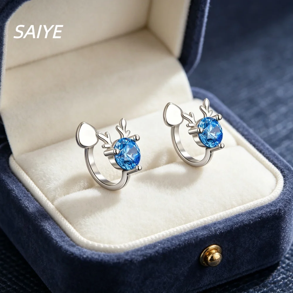 925 Sterling Silver Elk Ear Clip No Piercing Blue Zircon Deer Ear Cuff for Women Fashion Wedding Jewelry Gift