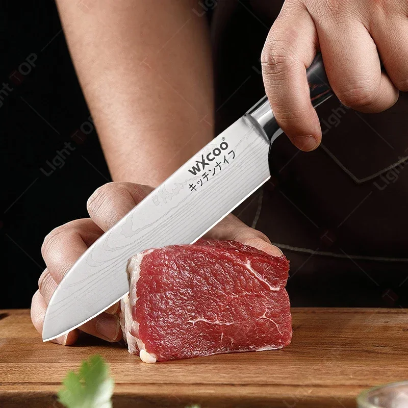 WXCOO Professional Kitchen Boning Knife Filleting Knife Laser Damascus Stainless Steel Cutting Bread Fruit Cooking Chefs Knife