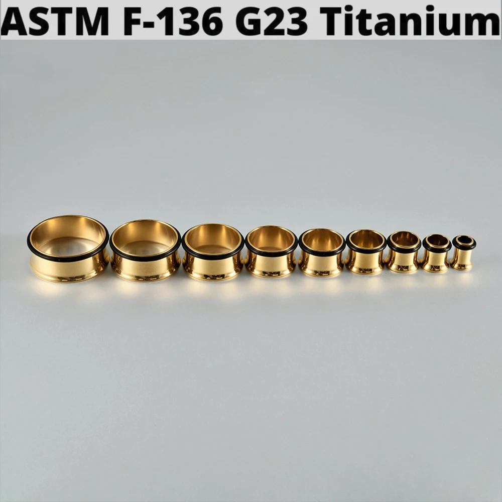 PAIR G23 Titanium Single Flare Tunnel Plugs Expander Golden Tapers Ear Lobe Stretching Plugs Round Hollow Ear Piercing Jewelry