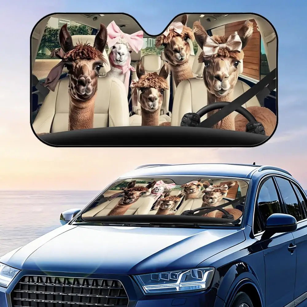 

Funny Driving Alpacas Sun Visor Reusable Aluminum Foil Windshield UV Protection Heat Insulation Cover Sun Visor Sunshade