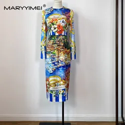 MARYYIMEI Fashion Spring Women's silk dress Long sleeved Floral-Print Holiday silk Pencil Dresses