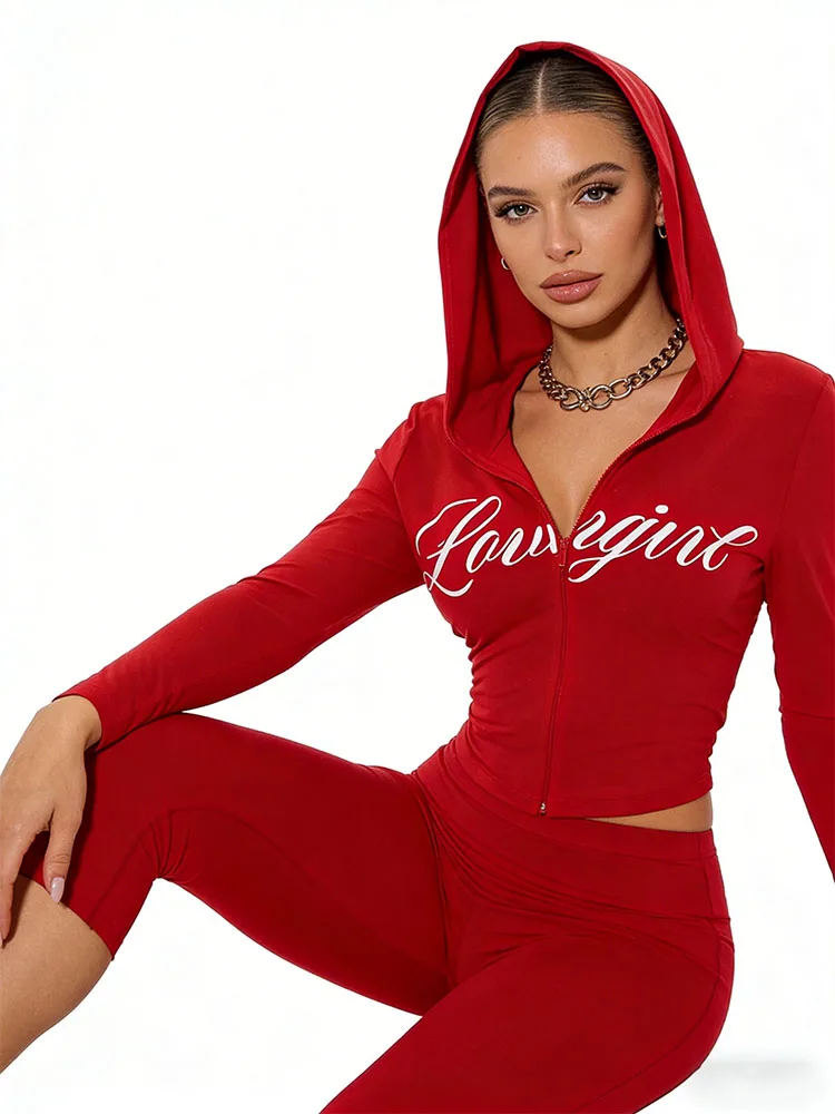 

Y2K Women's Sexy 2 Piece Set Zip Up Hooded Crop Top High Waist Capri Pants Slim Fit Streetwear Club Date Night Outfits
