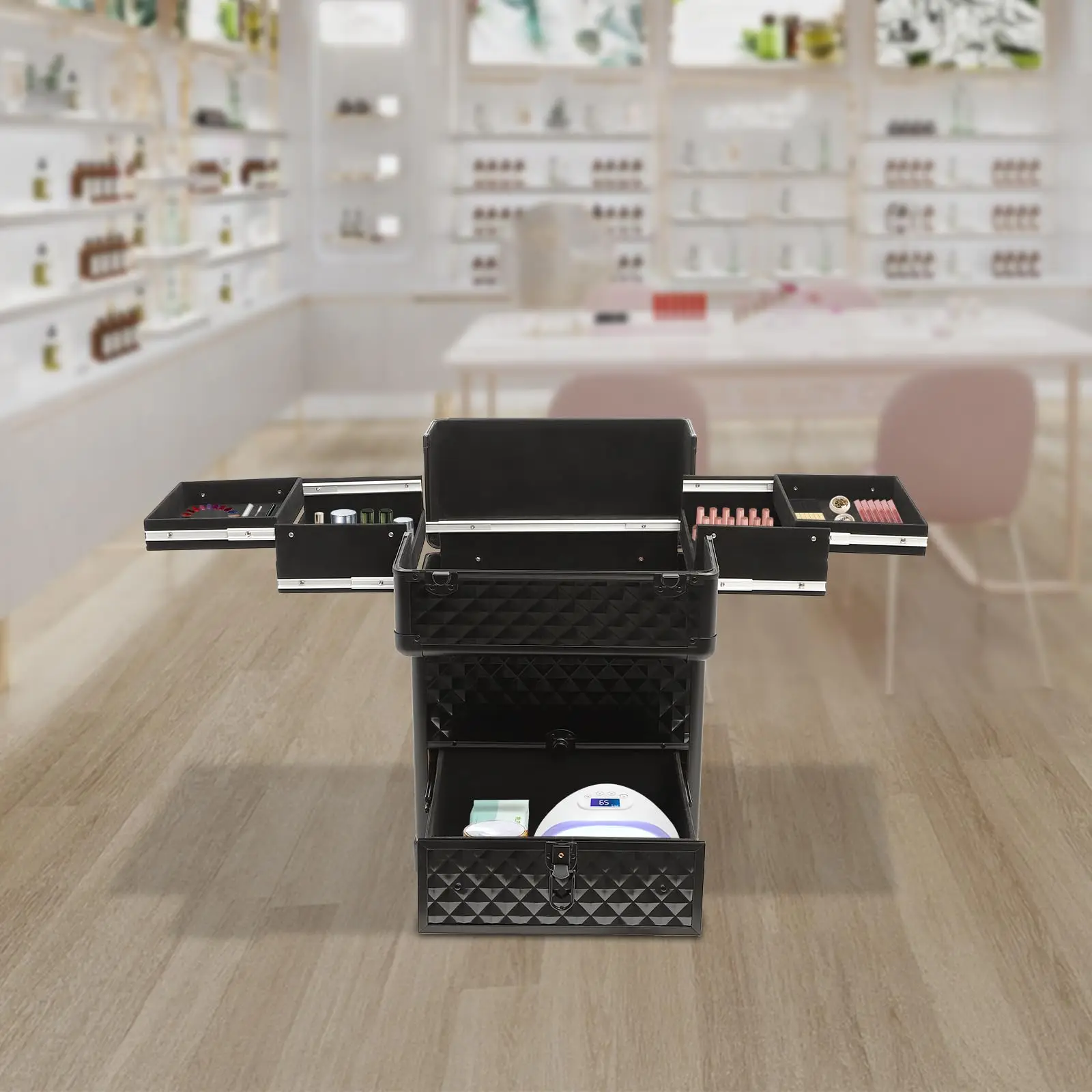 롤링 메이크업 트레인 케이스 대형 화장품 트롤리 네일 가방 오거나이저 전문 매니큐어 도구 키트 휴대용 매니큐어 보관 케이스