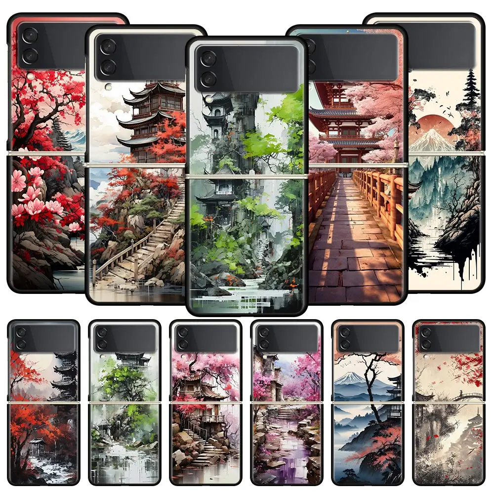 Ink and wash landscape painting Phone Case For Samsung Galaxy Z Flip3 Flip4 Flip5 PC Shell For Z Flip 3 4 5 Hard Folding Cover