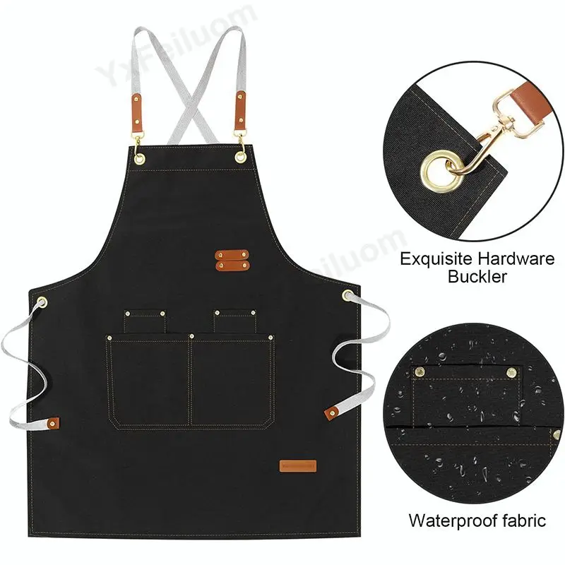 Waterproof Kitchen Apron For Women/Men With Pockets Work Mandil Cleaning Pinafore Restaurant Shop Waiter Work Uniform