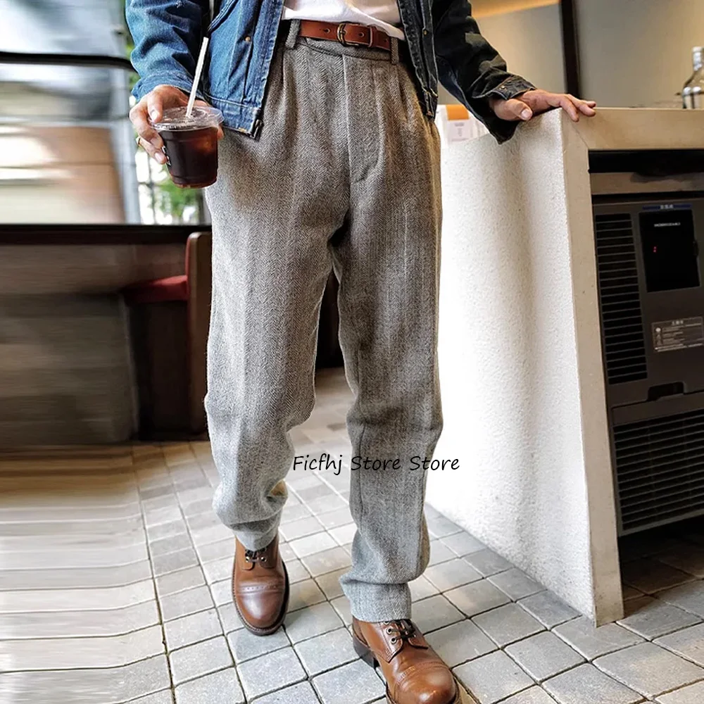 

Винтажные повседневные брюки из ткани «елочка», мужские брюки для мужчин, прямые брюки, рабочая пошив, классическая одежда