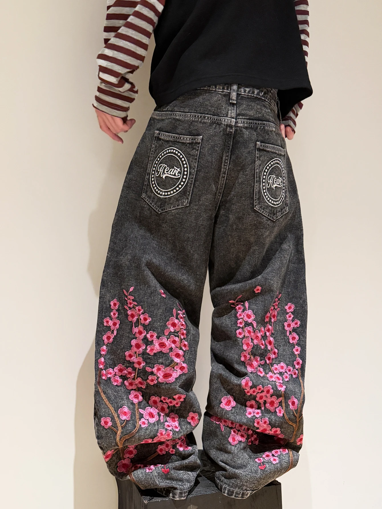 Men's Jeans Street Style Y2K Men's Baggy Wide Pants, Floral Embroidery Men's Trousers, All Seasons, Belt/Accessories Not Include