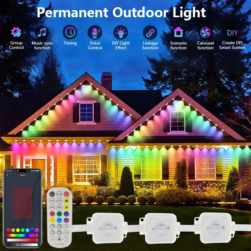

MIMI RGB Permanent Outdoor Lights for House,150FT RGB+IC Smart Outdoor Decor, or Christmas, Holiday, House Roof Lighting
