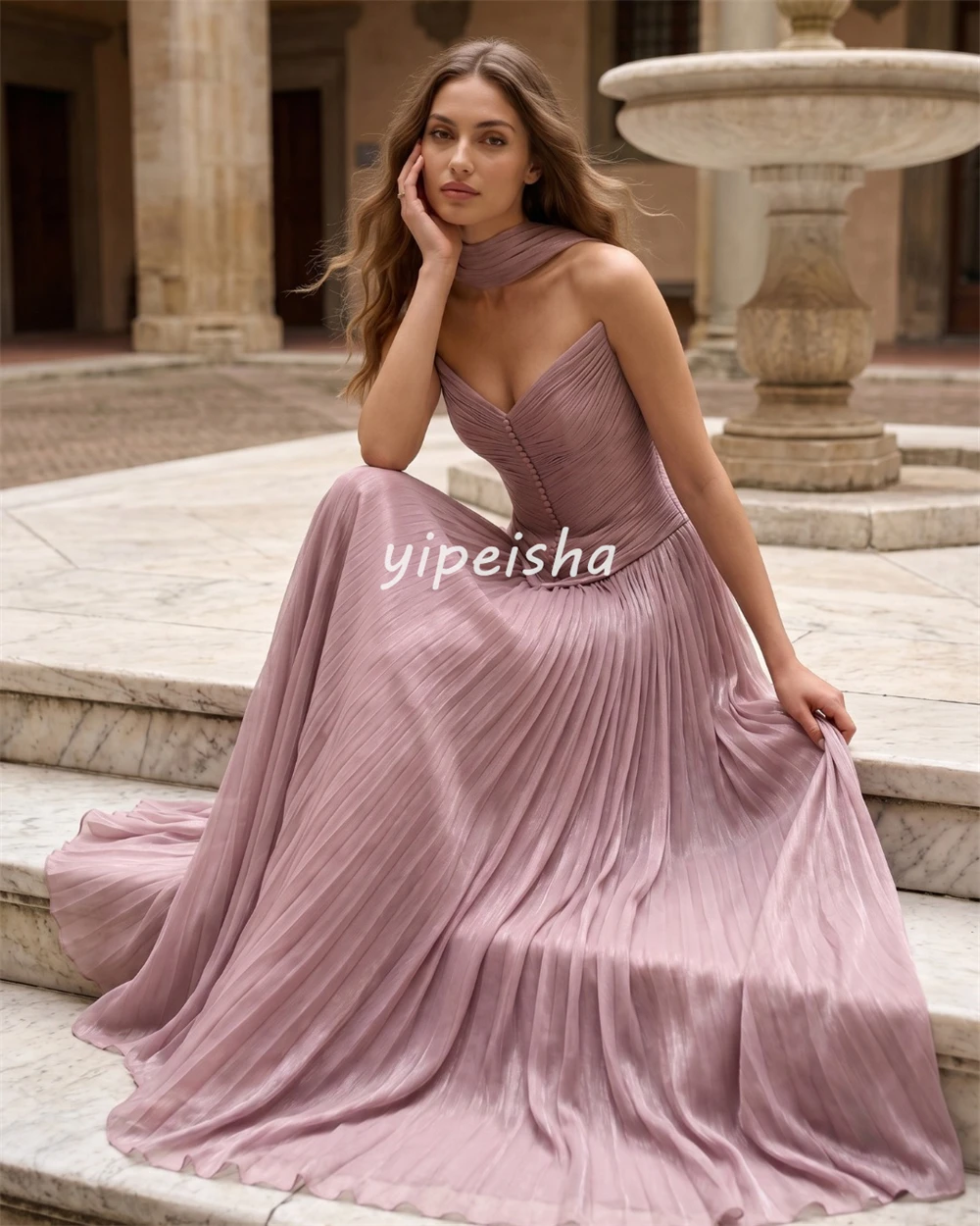 

Customized Formal Women Chiffon Ruched Button A-Line Evening Dresses Modern Style V-neck Sleeveless Floor Lenght Prom Dresses