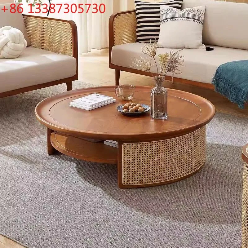 

French retro solid wood rattan coffee table Japanese round Nordic tea table