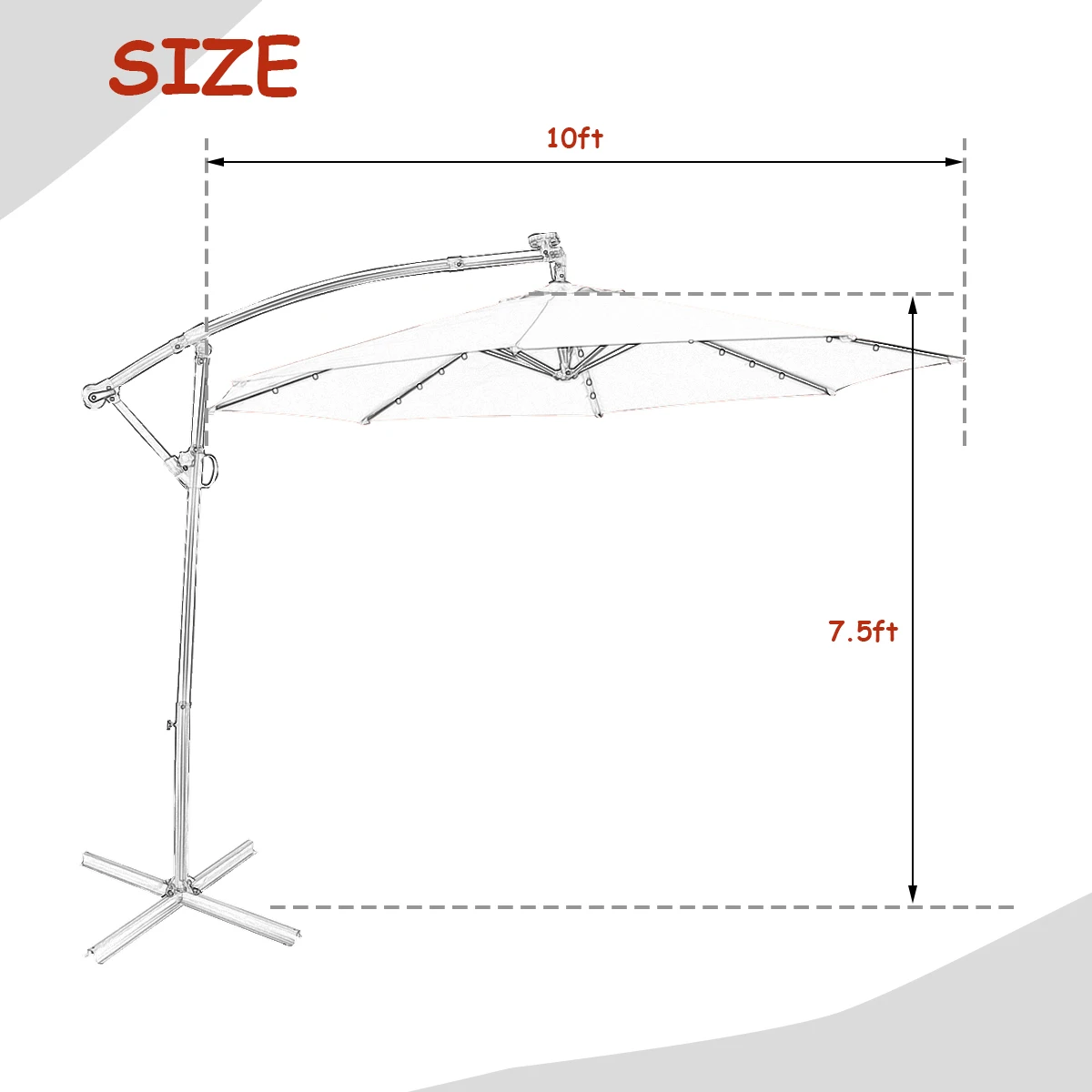 10FT Patio Offset Umbrella Solar Powered LED 360° Rotation Aluminum Orange