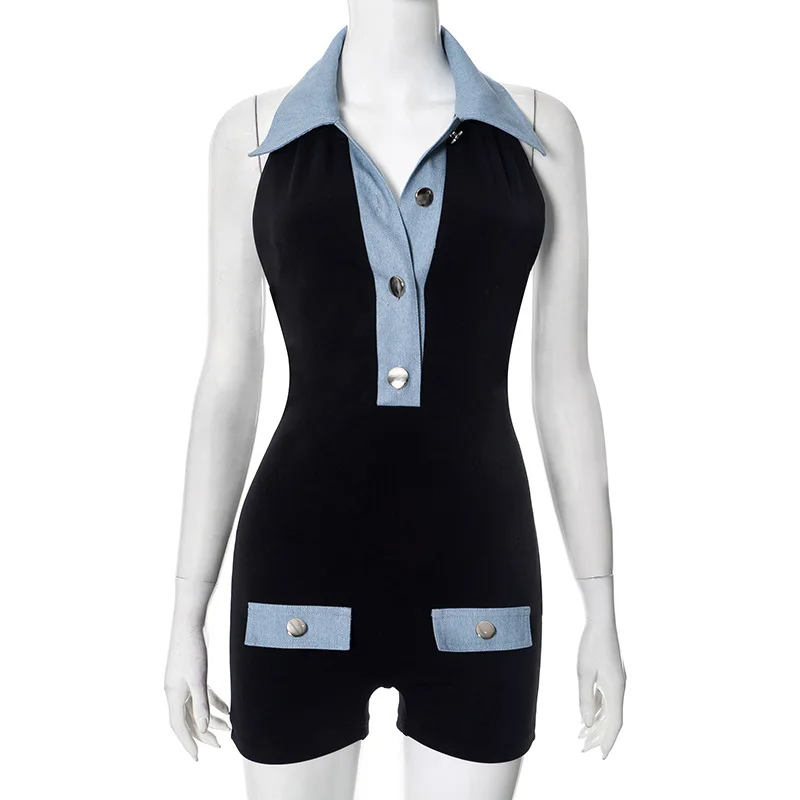 Polo Collar Design Sense Niche Denim Contrasting Colors and Thin Summer Women's Jumpsuit Shorts New Korean Version
