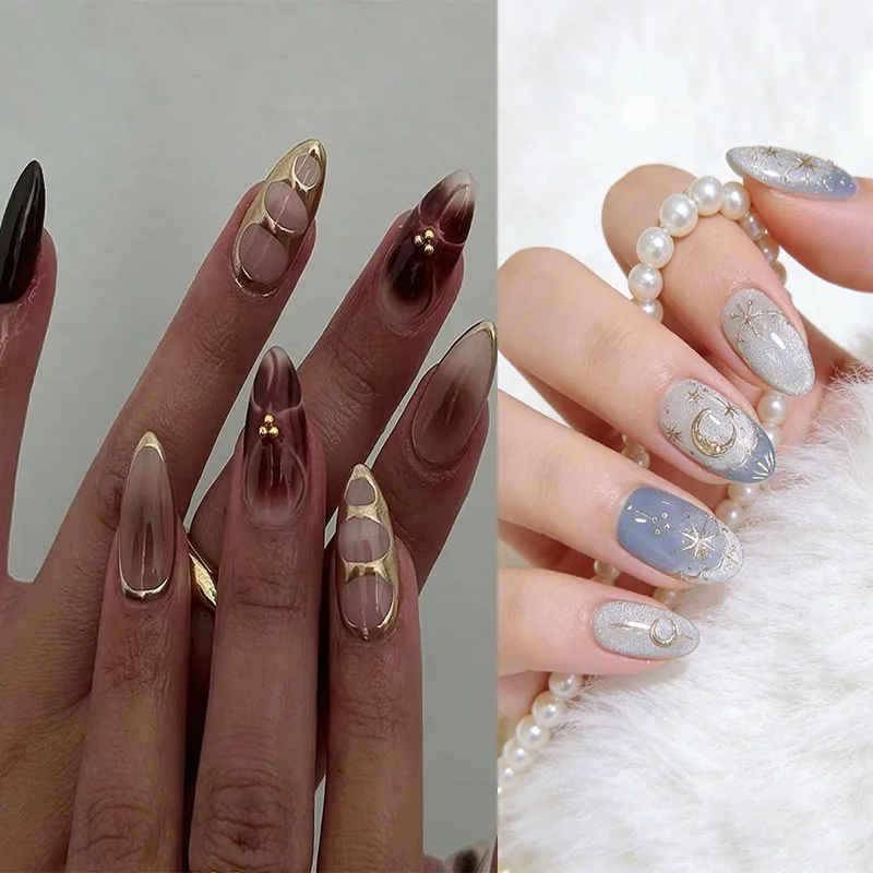 

24pcs Medium Almond Press On Nails Brown And Golden Fake Nails Full Cover False Nails For Women And Girls Valentine's Day Gift