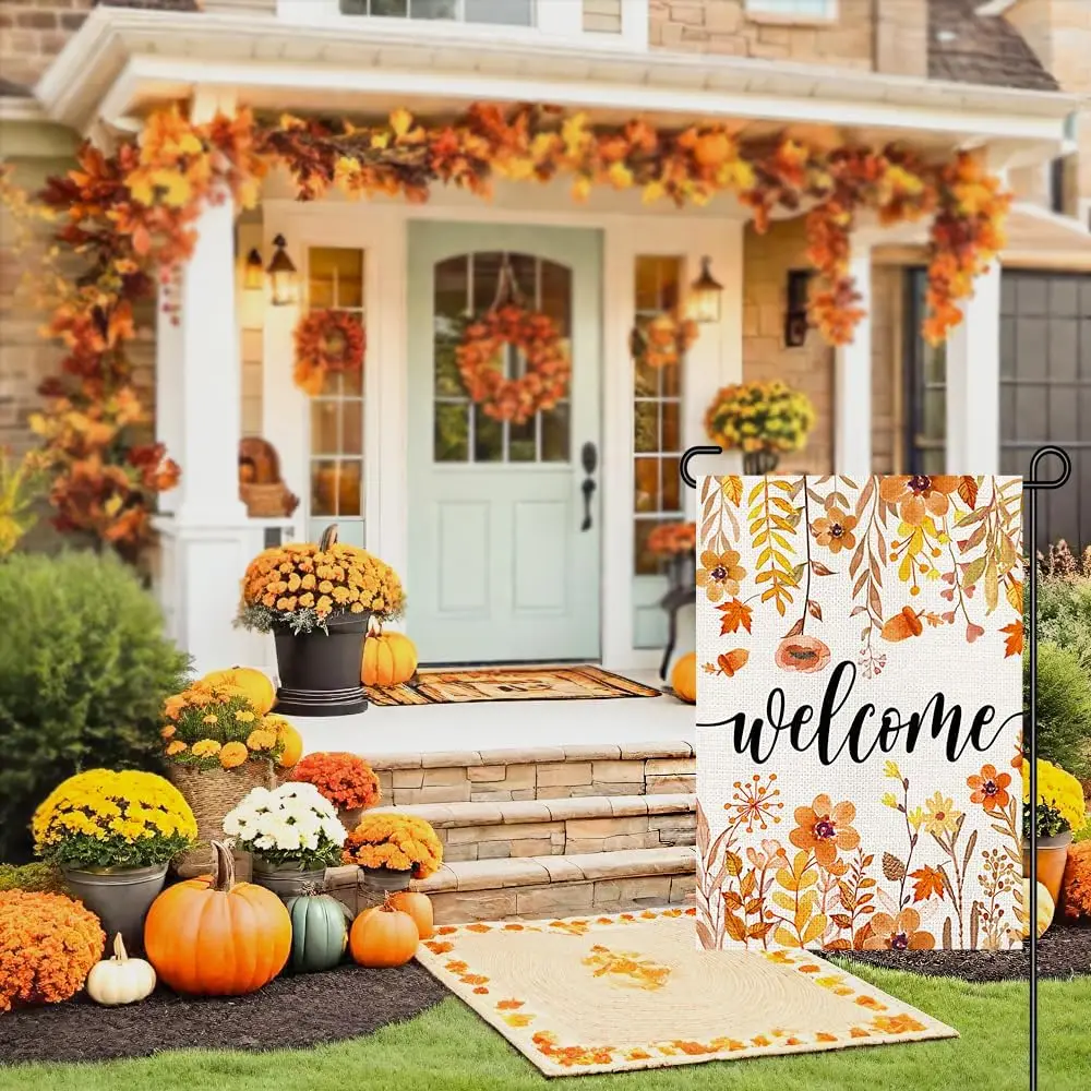 Welcome Fall Garden Flags for Outside Burlap 12x18 Double Sided, Autumn Sign Small Flag Farmhouse Yard Outdoor Decorations D UUN