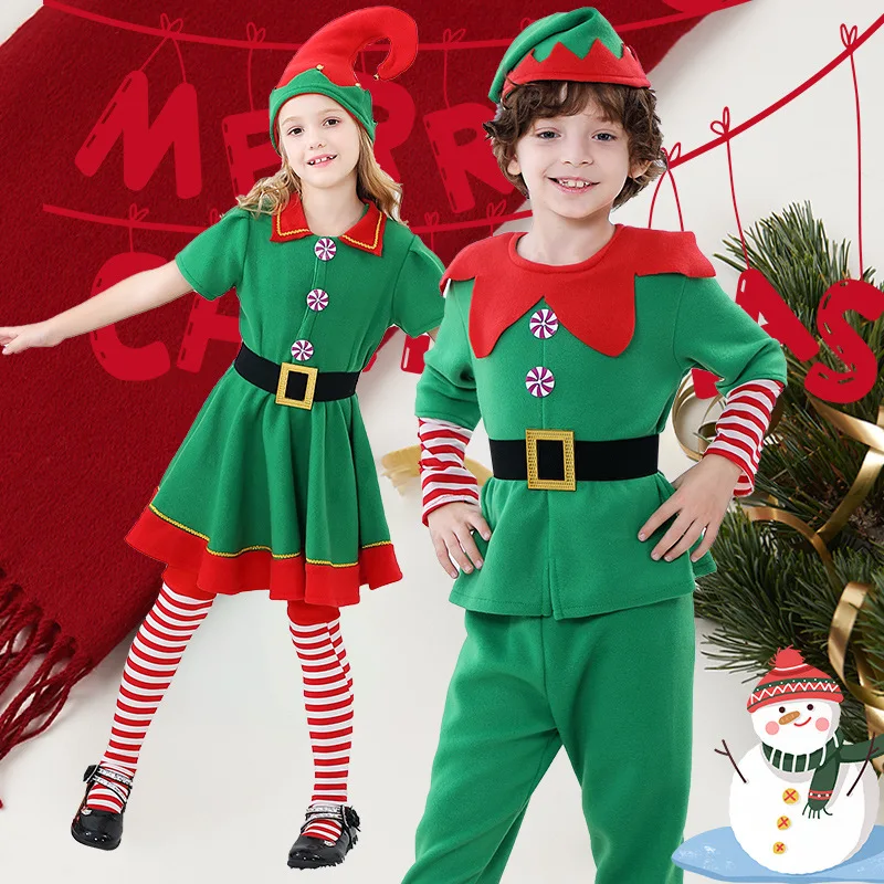 Christmas Santa Claus Costume Green Elf Cosplay Family Carnival Party New Year Fancy Dress Clothes Set For Men Women Girls Boys