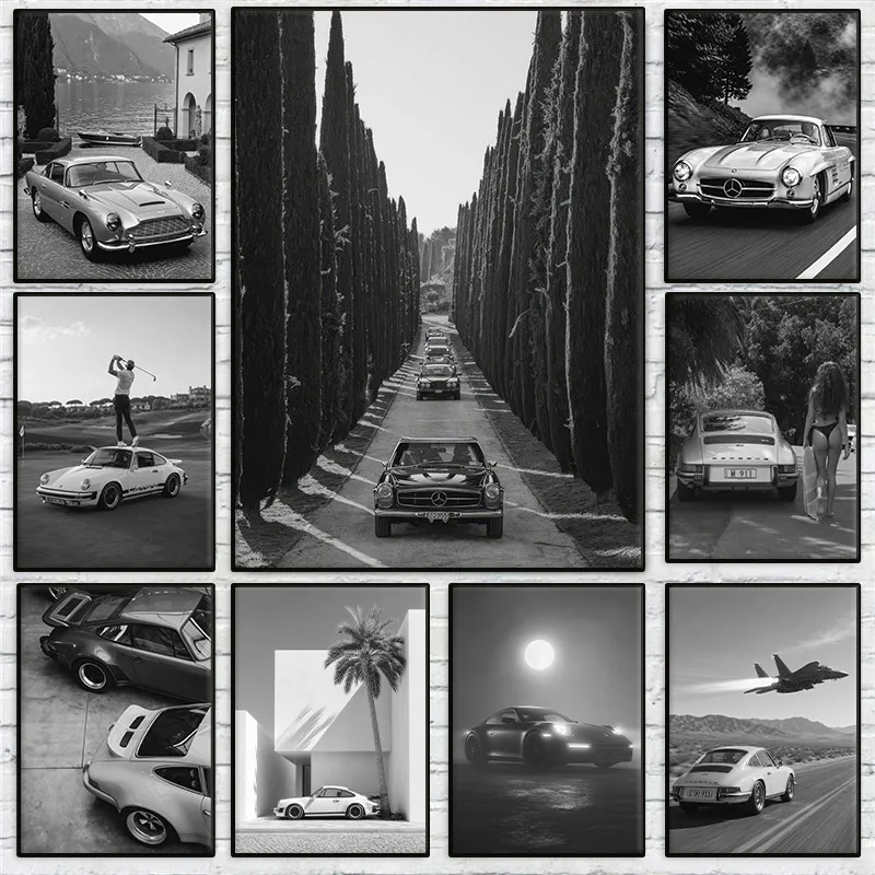 Black and White Super Car Photography Poster Luxury Fashion Brand Sports Car Vintage Fine Canvas Painting Living Room Home Decor