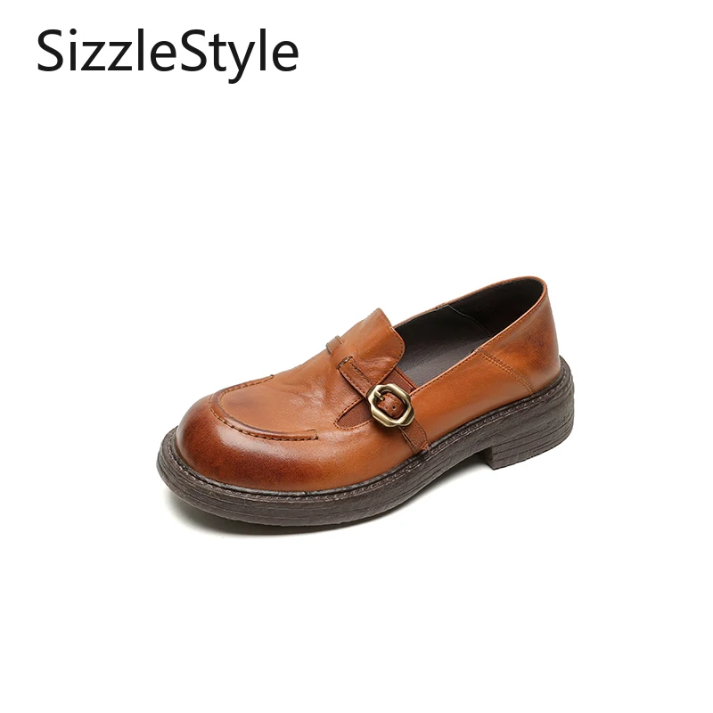 

Women's Distressed Horse Leather Loafers 4.5cm Platform Slip-On Vintage Buckle Detail Solid Genuine Leather Lining