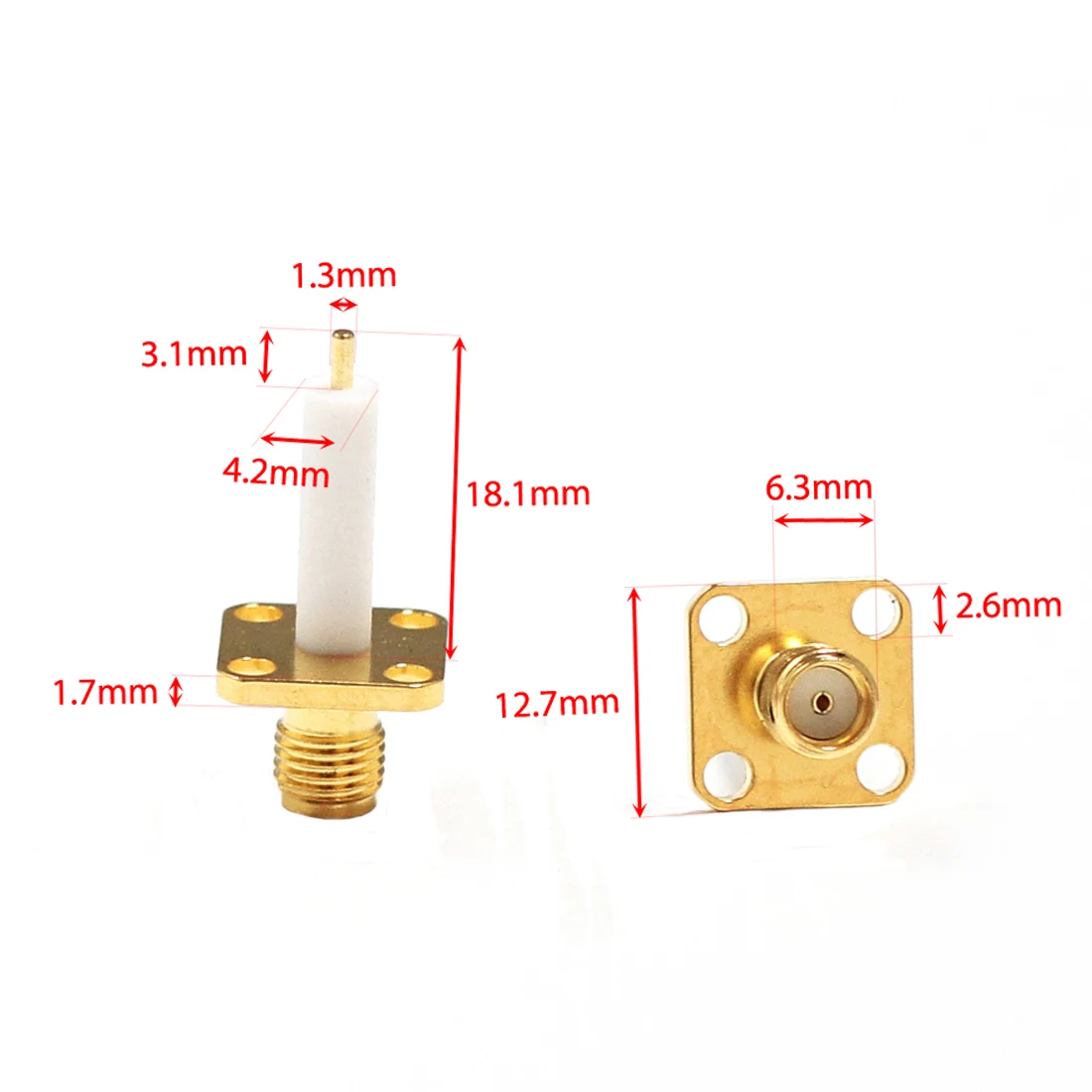 New SMA Female Jack RF Coax Connector 4-Hole Flange Solder Post Straight Insulator Long 15mm Goldplated  Date Drawing