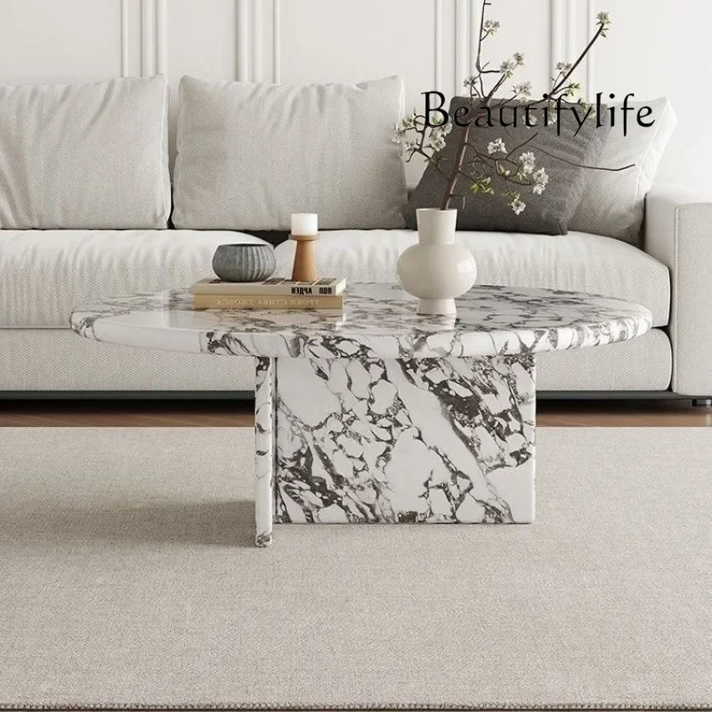Mesa de centro de mármore natural estilo creme francês AL Y, tampo oval redondo italiano lacado e estrutura de aço inoxidável, resistente ao calor