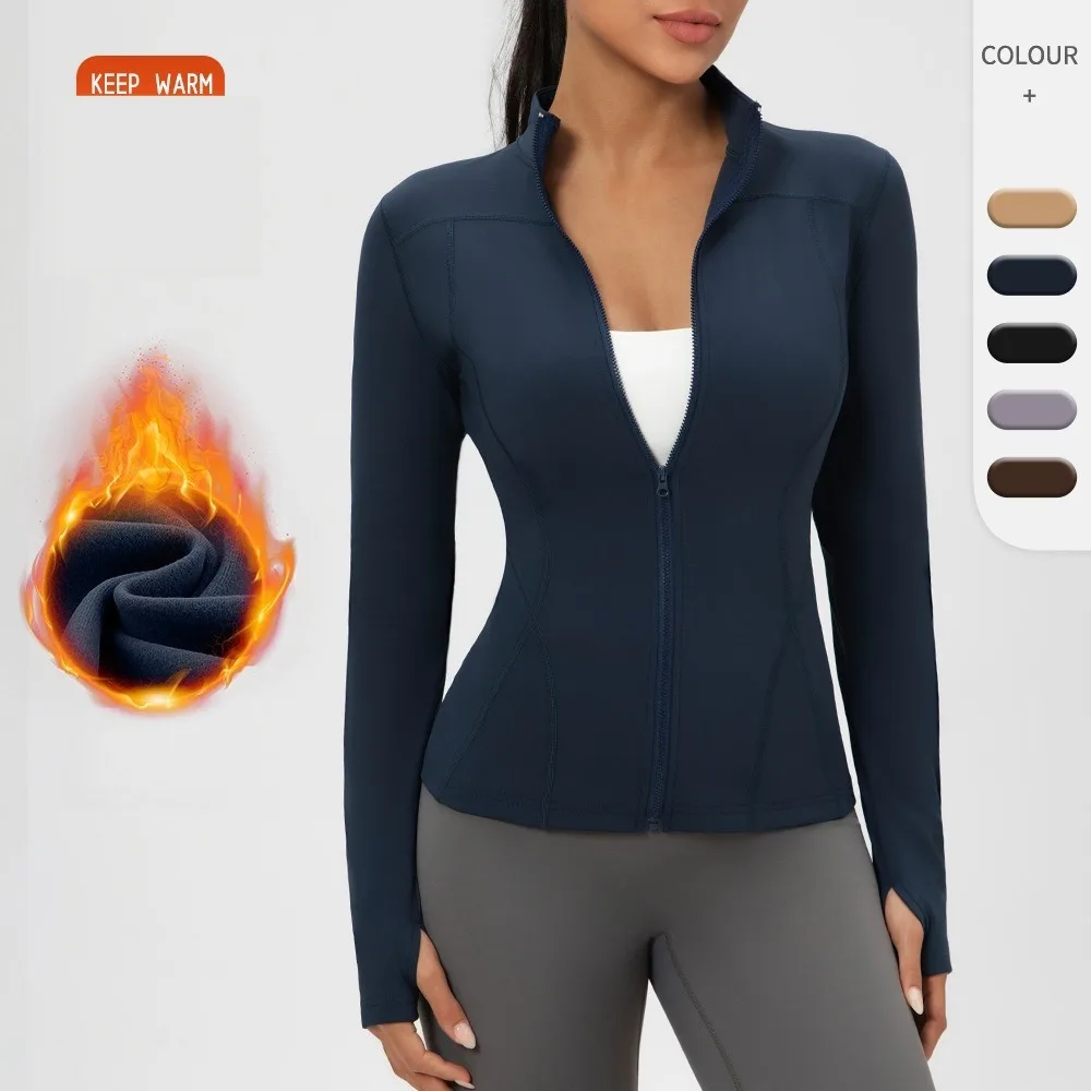 Fleece Lined Thermal Yoga Jacket Women Slim Fit Waist Shaping Outerwear Warm Running Fitness Sports Top